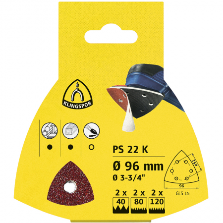Paquet de 5 patins abrasifs triangulaires auto agrippant 96x96x96 grain 40 Klingspor - 13550 - Paquet de 5 patins abrasifs triangulaires auto agrippant 96x96x96 grain 40 Klingspor / Par lot de 5